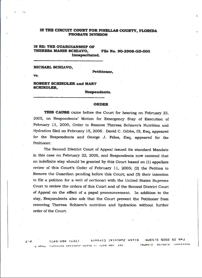 Feb. 25, 2005 order to remove nutrition and hydration pg 1